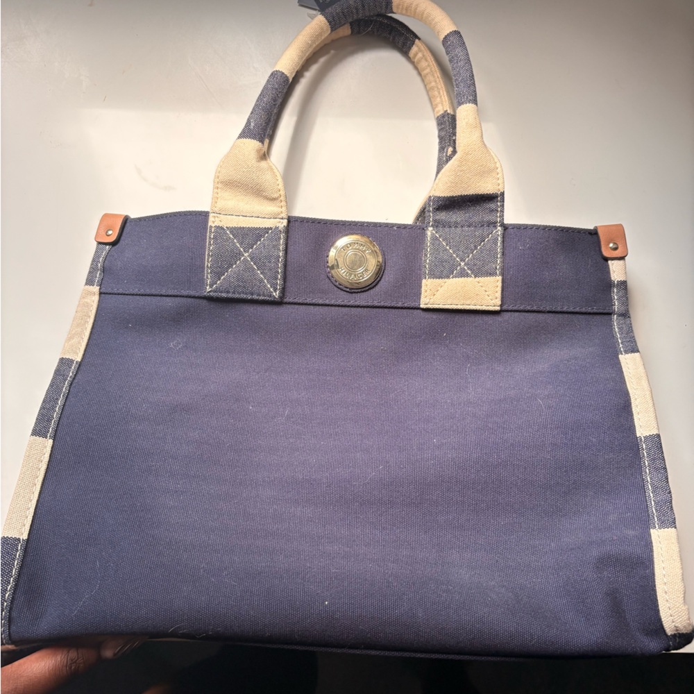 Tommy Hilfiger Blue and Cream Tote Bag with Leather Accents